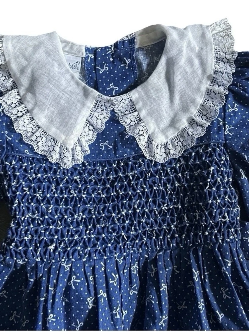 Girls Vintage Polly Flinders Blue Smocked Dress With White Bows Size 5 - Picture 2 of 5
